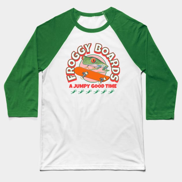 Funny and Cute Flying Frogs with a Red Eyed Tree Frog riding a  skateboard having a jumpy good time tee Baseball T-Shirt by Danny Gordon Art